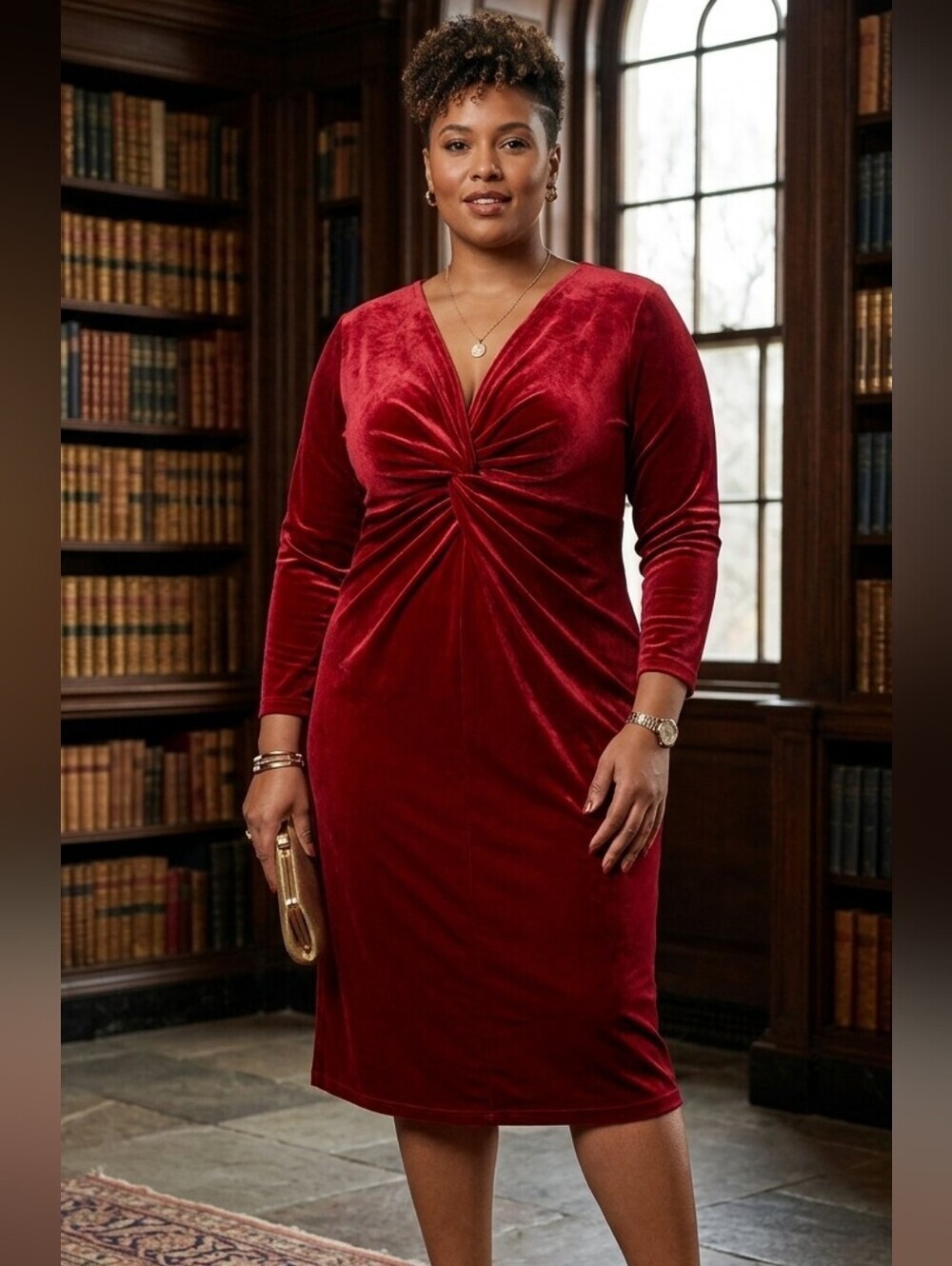 Tiana B. red velvet front knot midi dress 3/4 sleeves sz 3x